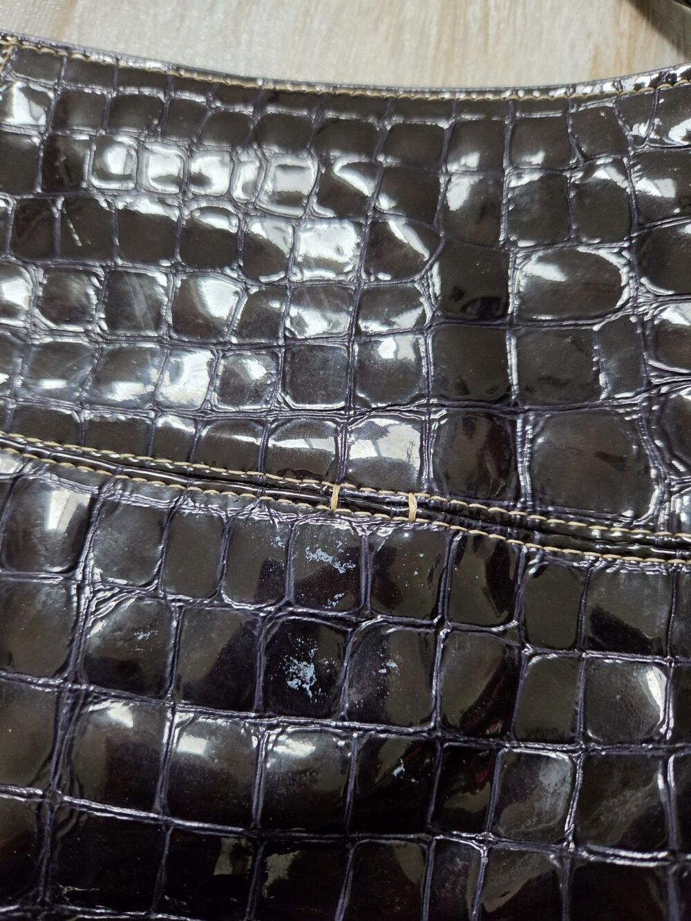 Brighton Cher Black Patent Croc Embossed Large Shoulder Bag Tassel Purse GUC - Picture 3 of 12